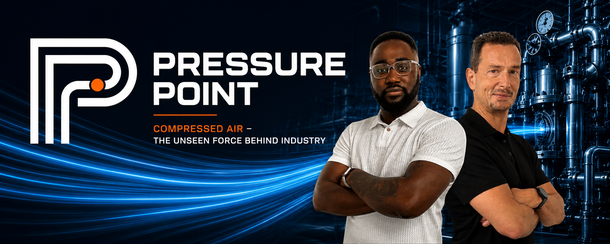 Pressure Point podcast hosts seated in front of an industrial compressed air facility
